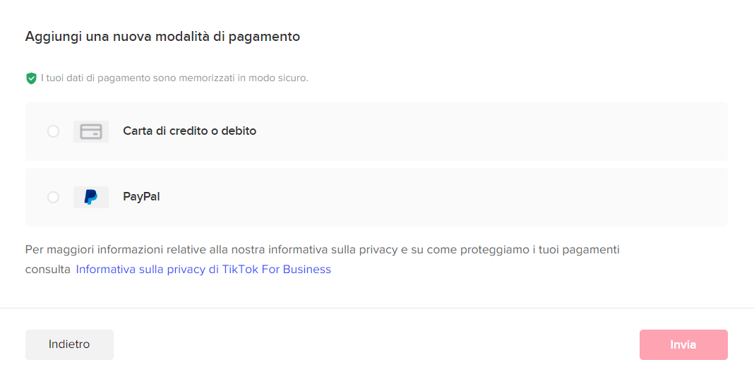 TikTok advertising modalità pagamento