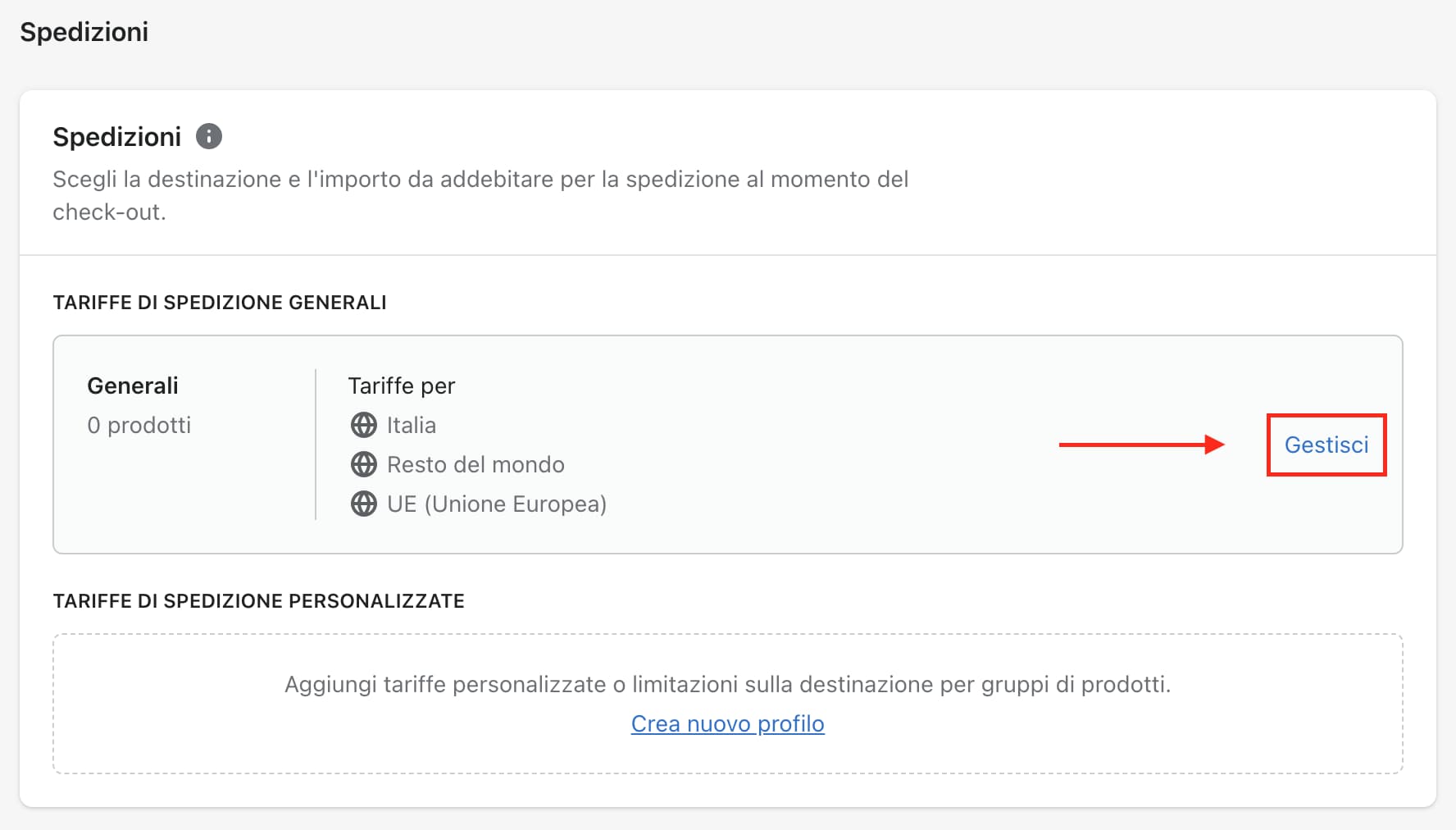 gestisci spedizioni shopify