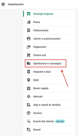 spedizione shopify menu