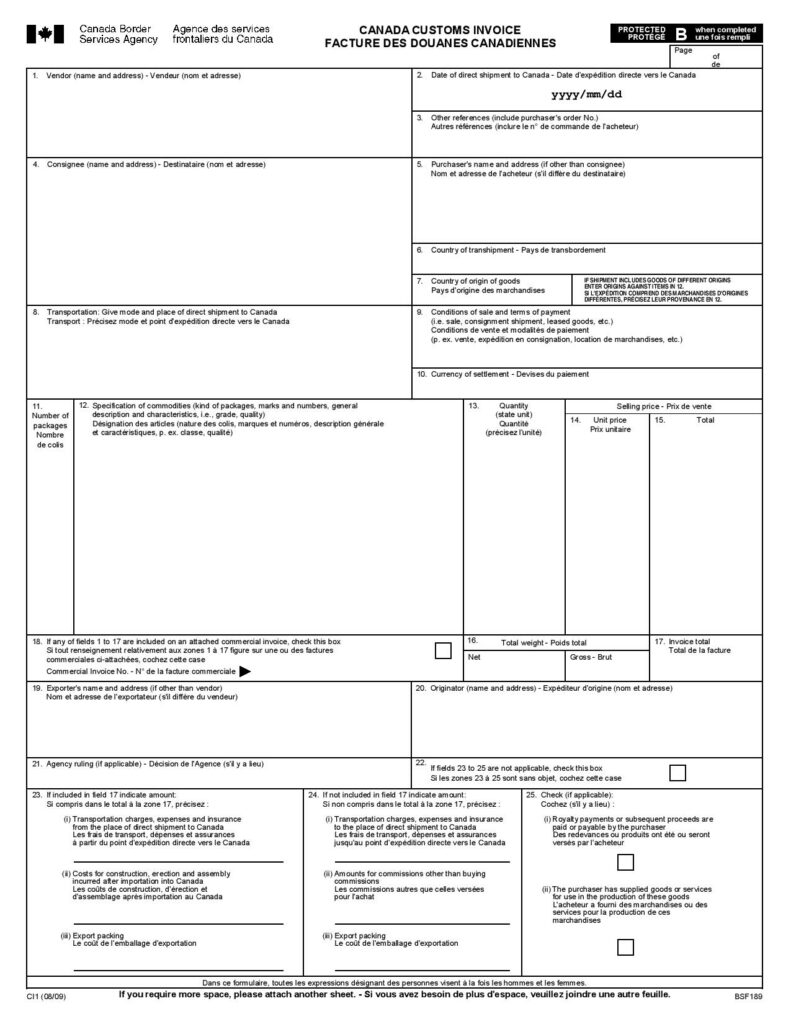 Canada Customs Invoice