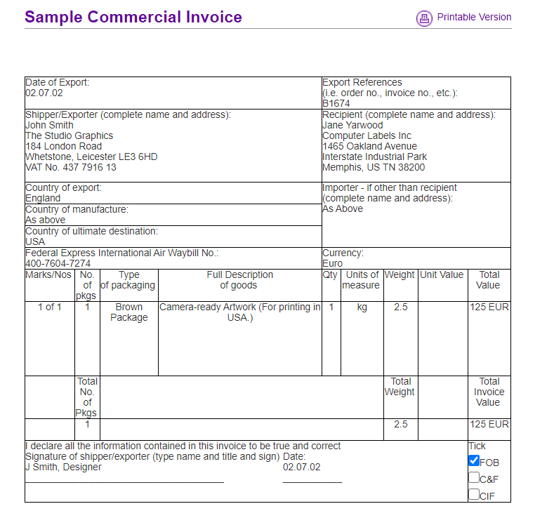 Sample commercial invoice template