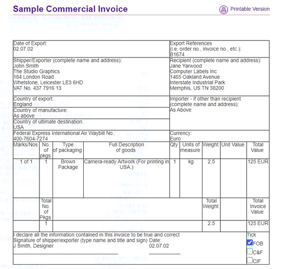 Esempio di fattura commerciale ecommerce