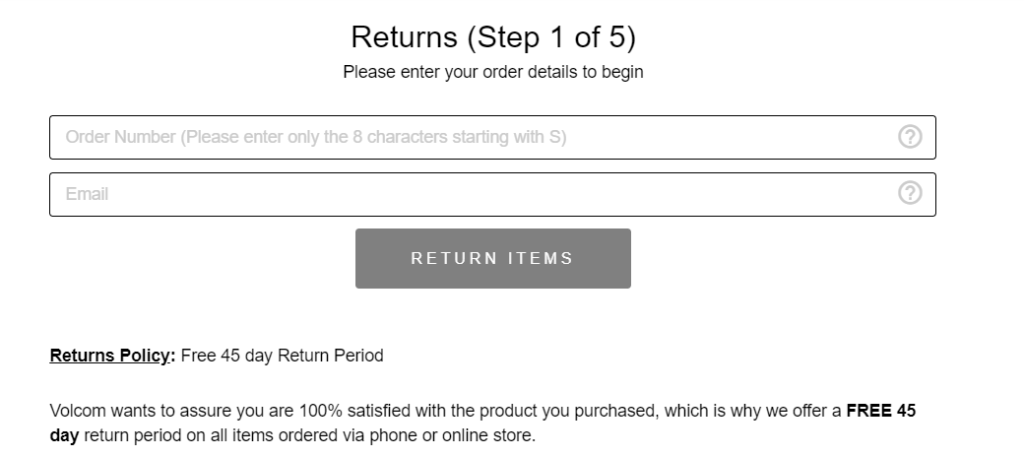 Example of a customer return portal for printing a label