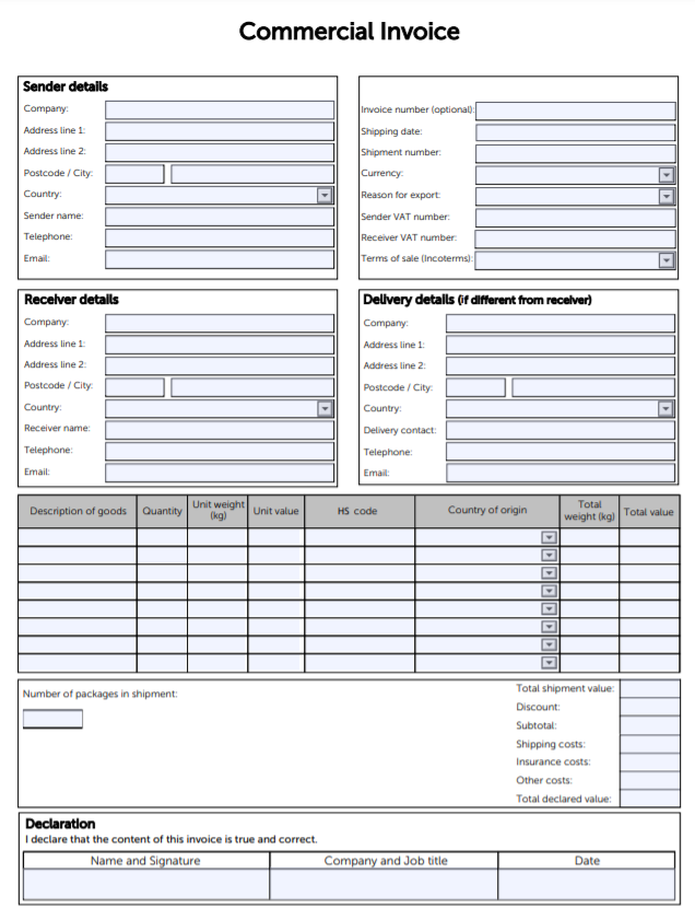 Example commercial invoice template