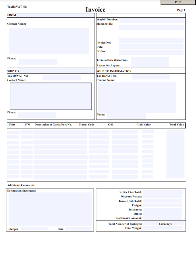 Commercial invoice template