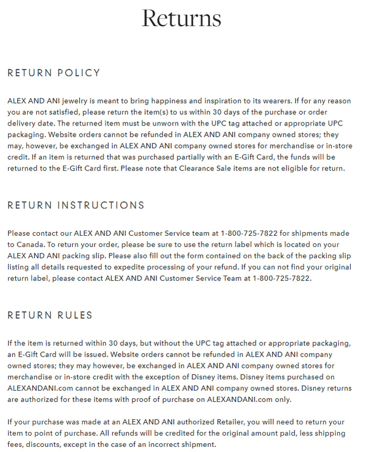 Alex and Ani's return policy