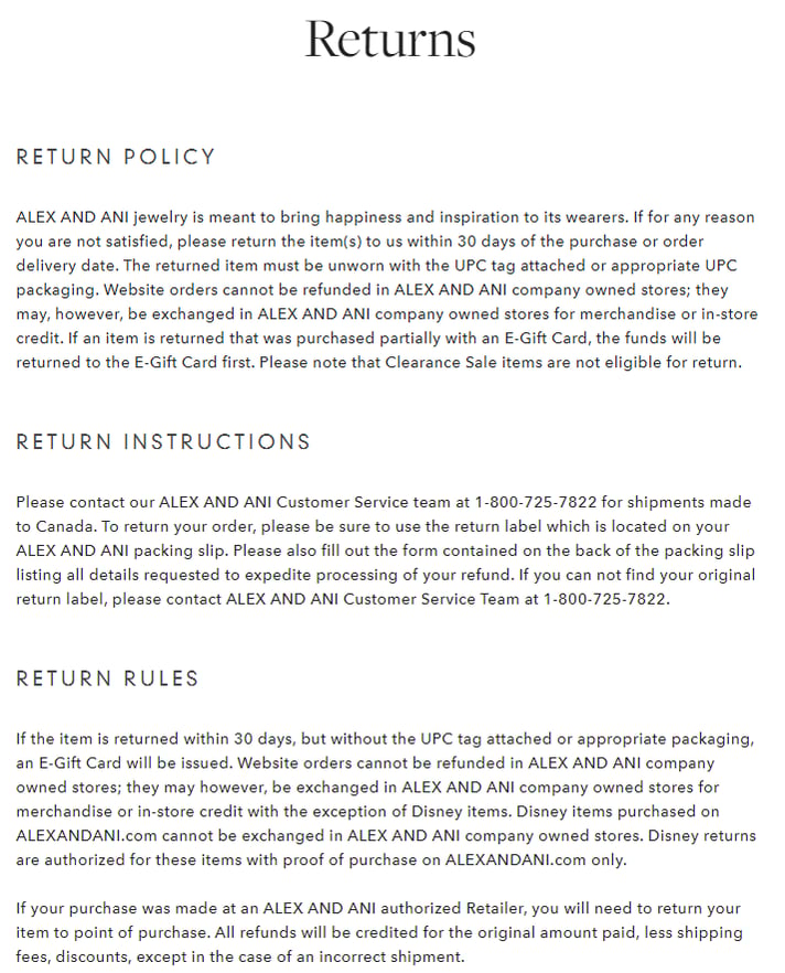 Alex and Ani's return policy