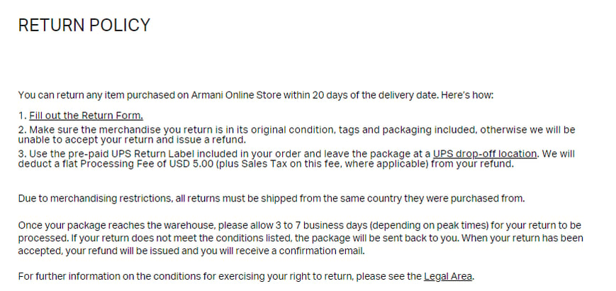 Armani ecommerce return policy