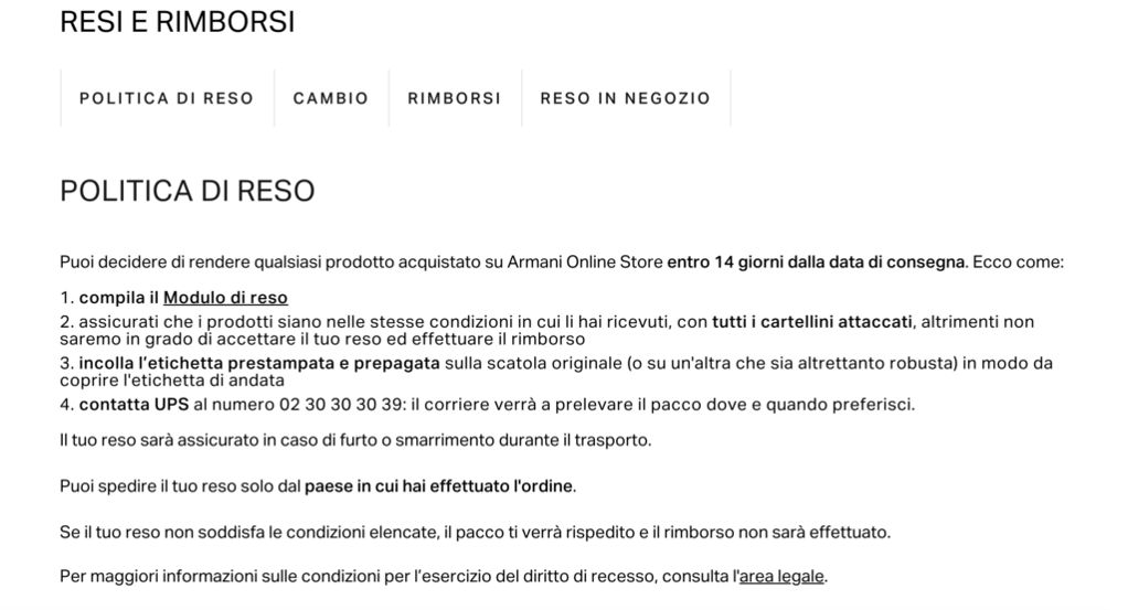 Armani politica di reso