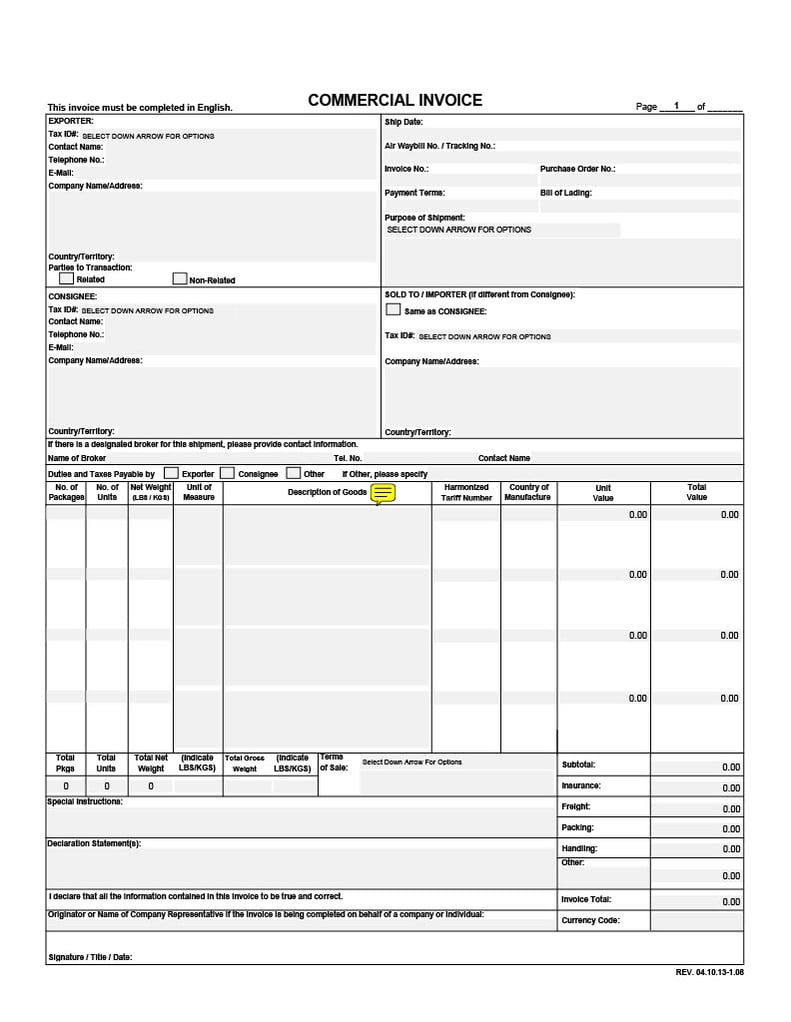 Commercial Invoice FedEx template