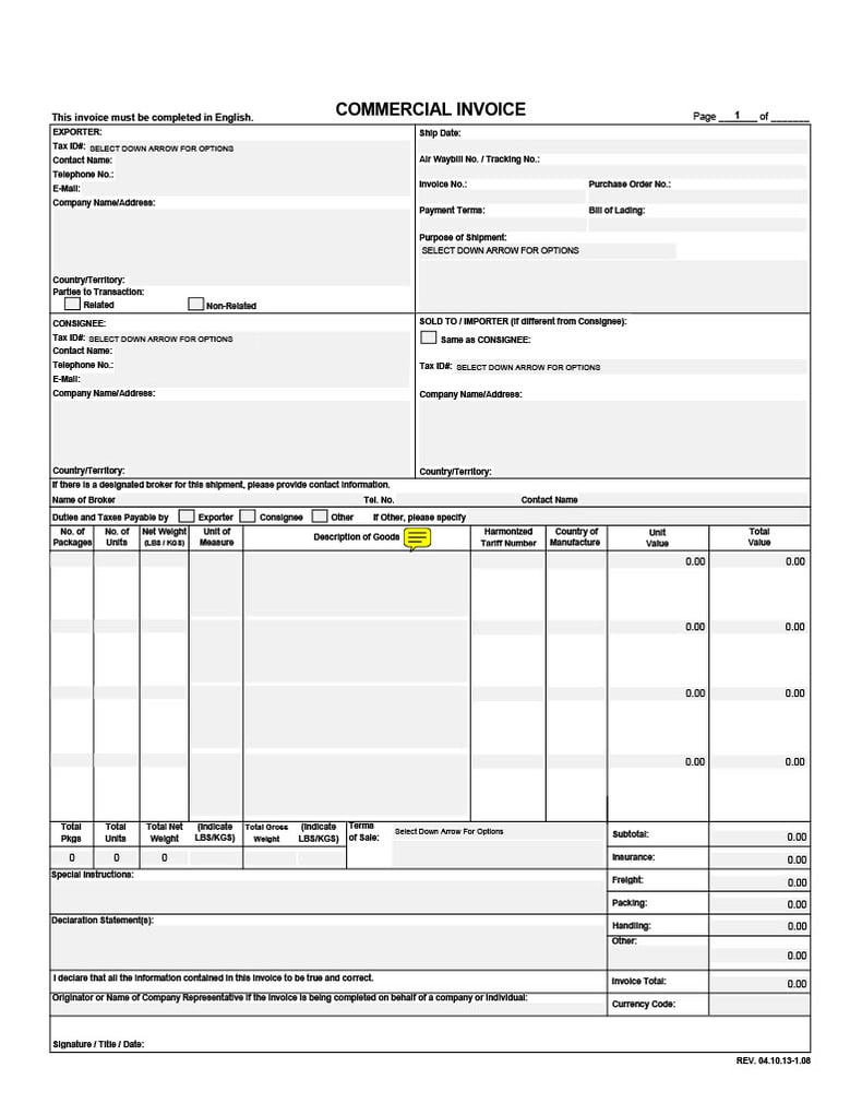 Commercial Invoice FedEx template