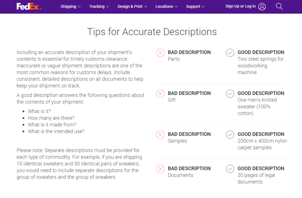 FedEx examples of bad and good descriptions in commercial invoices