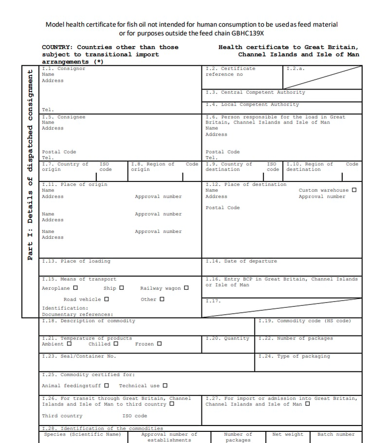 Animal product health certificates required by Great Britain