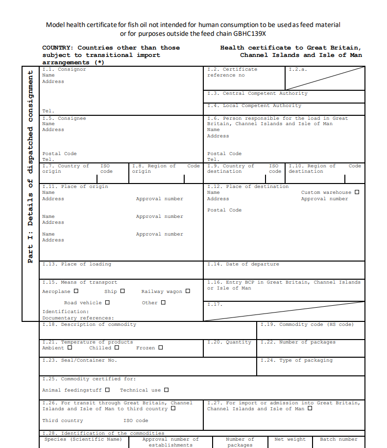 Animal product health certificates required by Great Britain