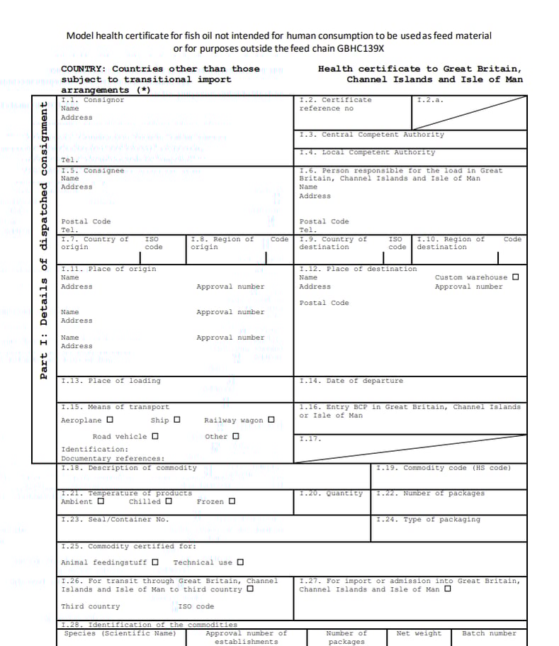 Animal product health certificates required by Great Britain