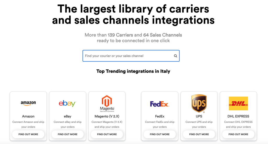 ShippyPro integration library - 139 carriers and 64 sales channels ready to be connected