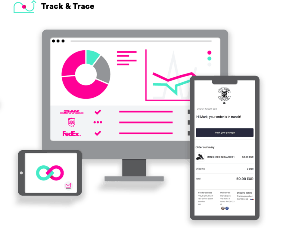 ShippyPro Track & Trace vous permet de contrôler totalement vos envois dans un seul tableau de bord, de personnaliser la page de suivi, les courriels transactionnels et les notifications de suivi.