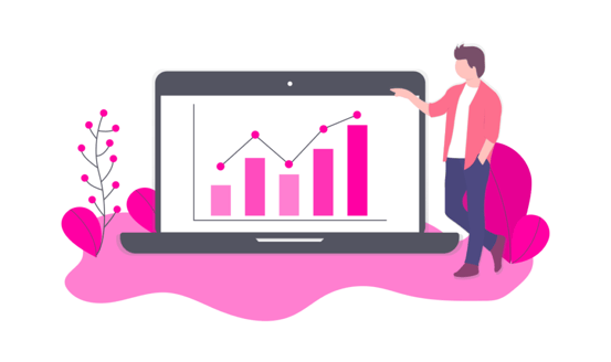 Man standing beside computer screen with graphs depicting finances