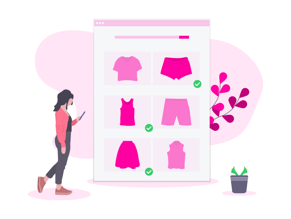 Woman selecting several items of clothing when online shopping
