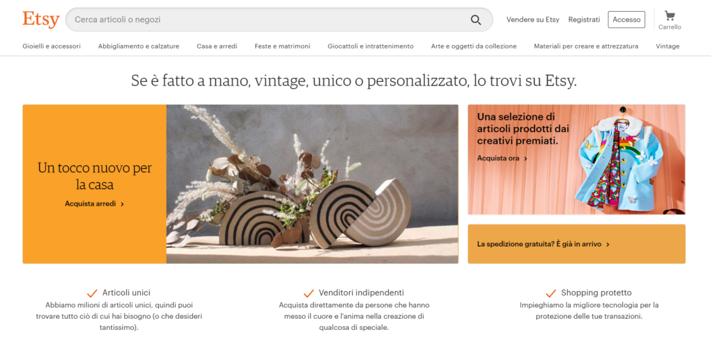 Etsy es el Marketplace correcto para vender en línea en Italia si vendes ropa y joyas hechas a mano.