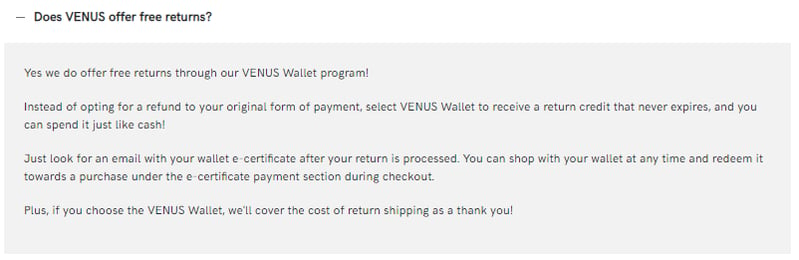 Venus Wallet program for free return shipping with store credit