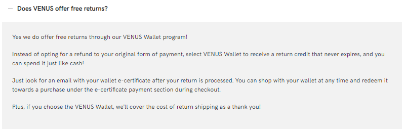 Il programma Wallet di Venus per la spedizione di reso gratuita in cambio di buoni spesa