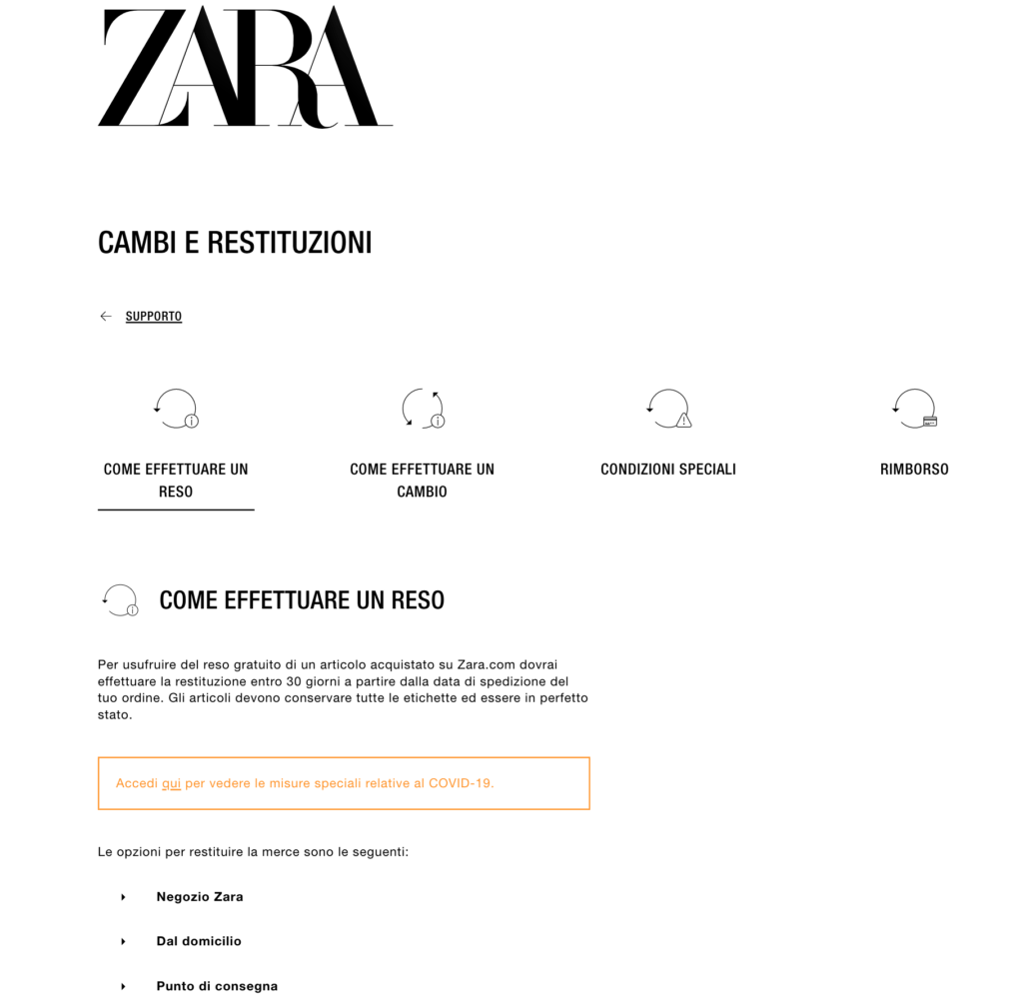 Zara politica di reso