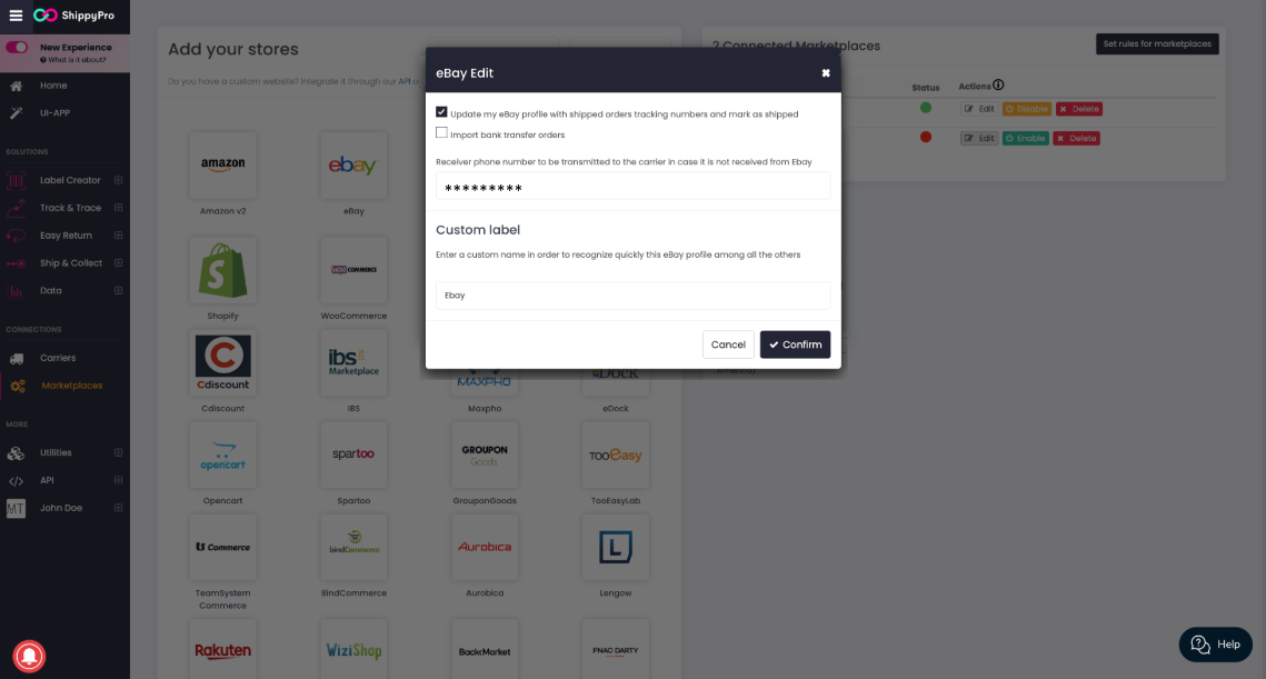 Ebay - Insert phone number when not transmitted from mktp