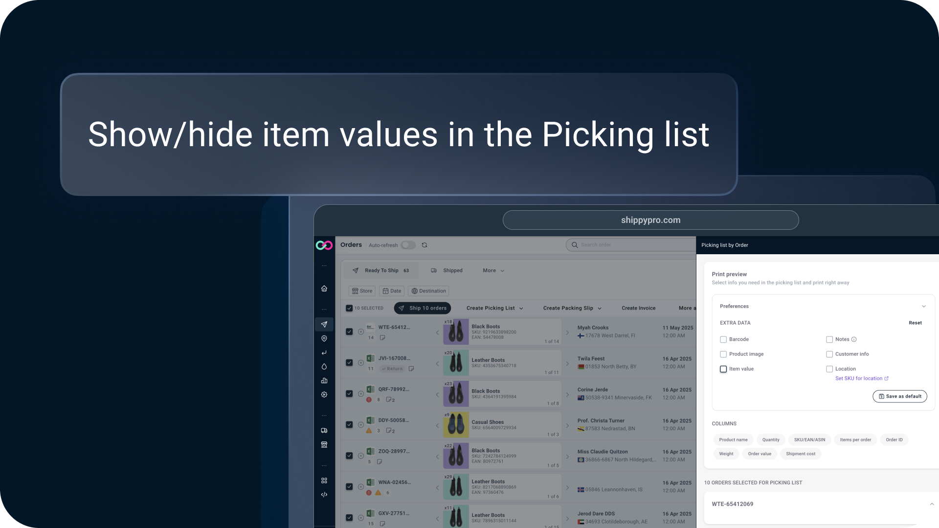 Valori articoli nella picking list