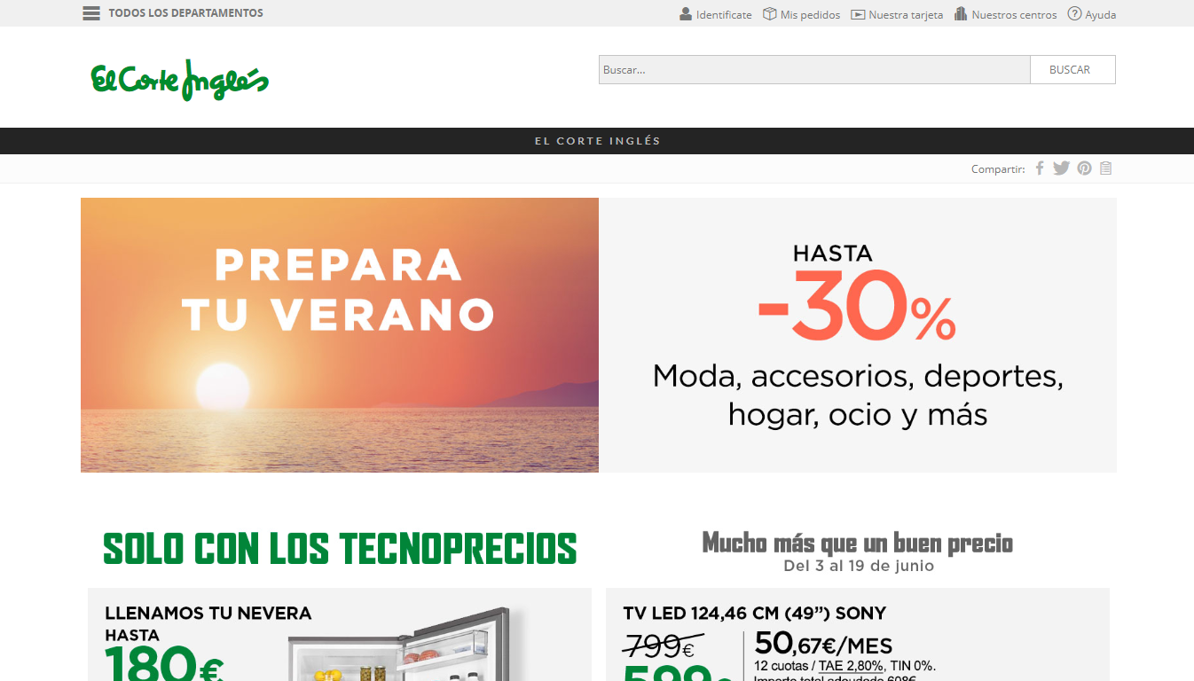 Page d'accueil El Corte Inglés, une Marketplace espagnole pour tous les types de produits