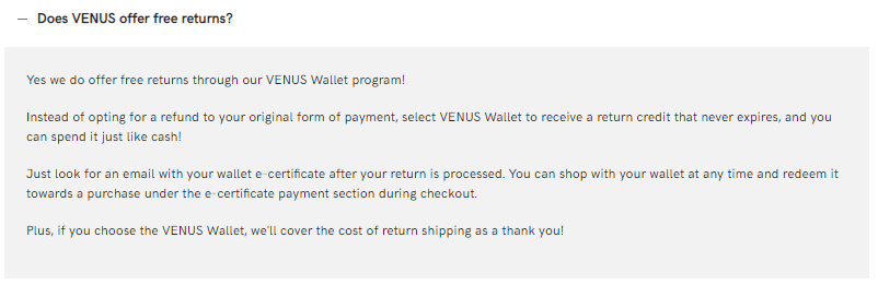 Programme Wallet de Venus pour un retour gratuit avec le choix d'un avoir en magasin
