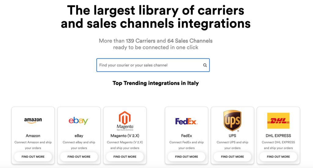 LIbreria di integrazioni di ShippyPro. 139 Corrieri e 64 Canali di Vendita