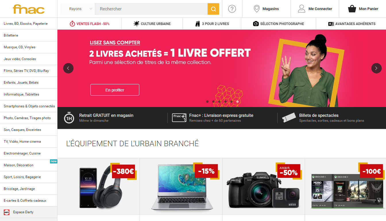 Page d'accueil FNAC, une des meilleures Marketplaces pour vendre en France 