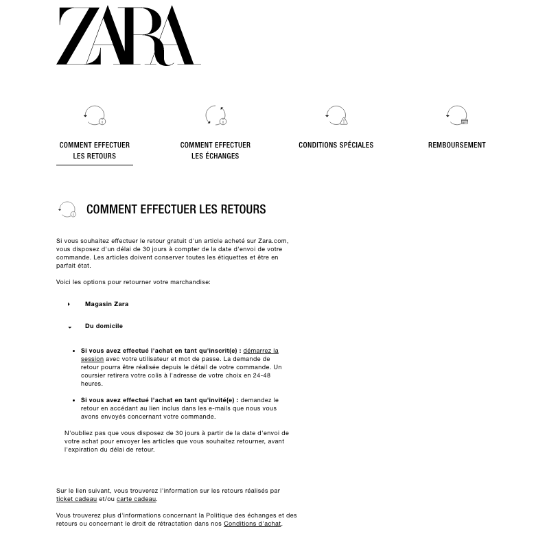 Politique de retour Zara