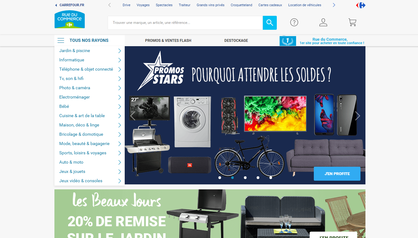 Homepage Rue du Commerce, une des meilleures places de marché pour vendre en France