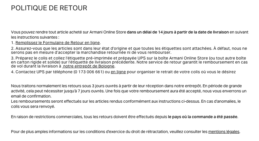 Politique de retour Armani