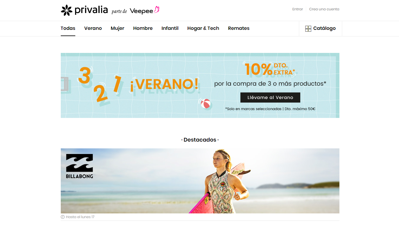 Homepage Privalia, uno dei milgiori marketplace in SPagna
