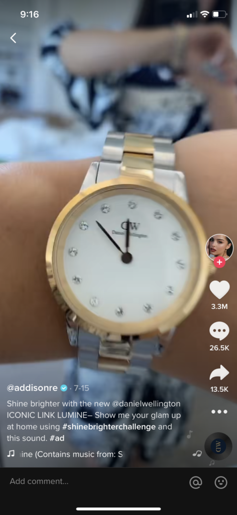 Contenu sponsorisé par Daniel Wellington de Addison Rae sur TikTok